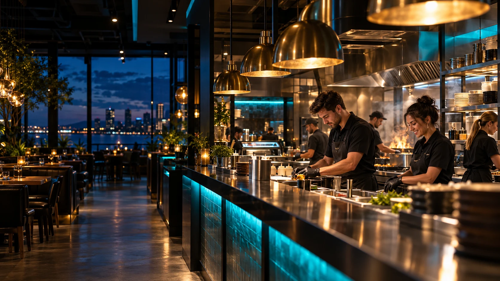 Junges Team arbeitet in einem modernen Burgerrestaurant mit offener Küche